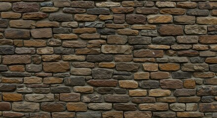 Obraz premium A closeup of a weathered stone wall composed of irregularly shaped brown and gray stones grouted together