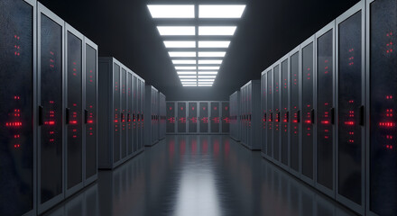 Dark Data Center with Rows of Server Racks and Red Lights, Representing IT Infrastructure and Cloud Computing