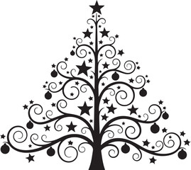 Black silhouette of a stylized Christmas tree with stars and ornaments on white vector