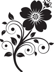 Black Silhouette of a Single Blooming Flower with Swirling Vines and Leaves floral