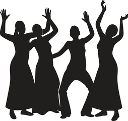 A black silhouette design of people dancing in group icon isolated on white background. Vector illustration