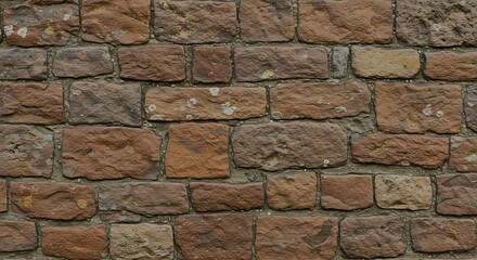 Fototapeta premium A closeup of a weathered brick wall showcasing irregular rectangular brown stones with mortar joints