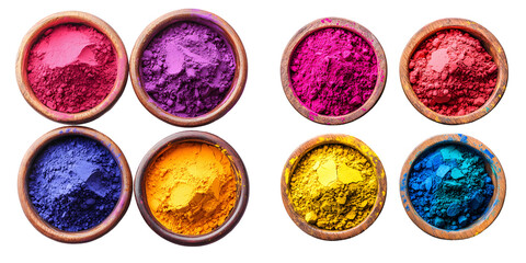 Four bowls filled with vibrant Holi powder in various colors isolated on a transparent background