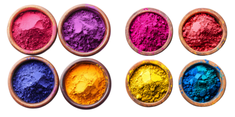 Four bowls filled with vibrant Holi powder in various colors isolated on a transparent background