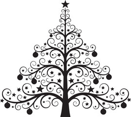 Stylized black Christmas tree with ornaments and stars on white background holiday
