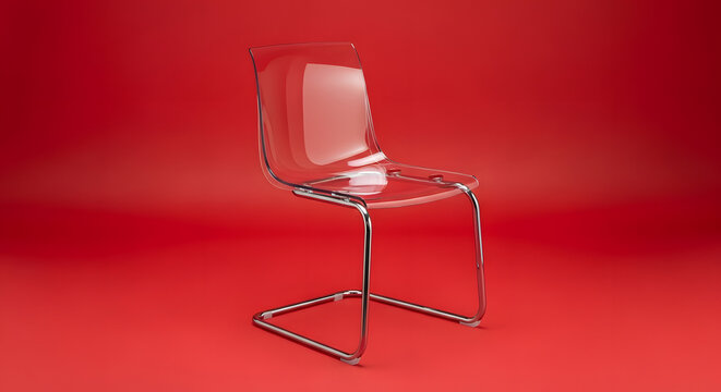 Sleek transparent acrylic chair with chrome frame on a bold red background - Powered by Adobe