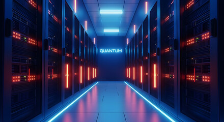 Fototapeta premium Futuristic Quantum Data Center Corridor with Glowing Server Racks & Neon Lights