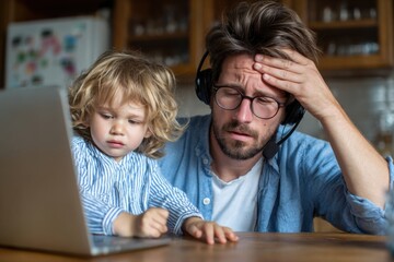 A tired father wearing a headset works on his laptop with his toddler on his lap. This image captures the challenges of balancing remote work and childcare.