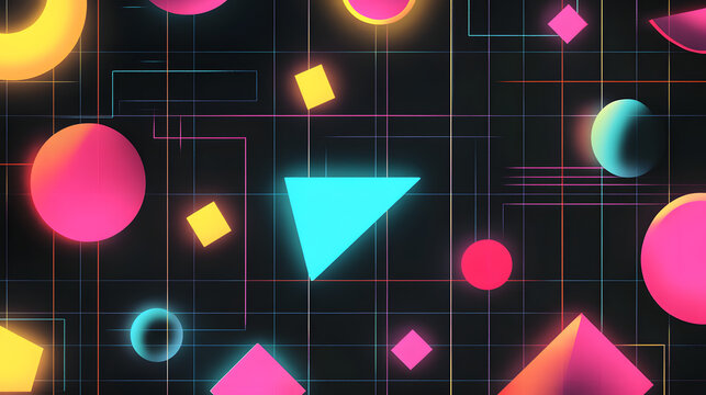 Vibrant geometric shapes dance across a digital grid, modern aesthetic for tech and design projects.