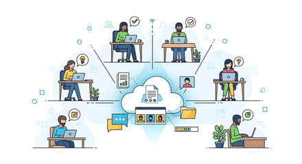 Creative professionals collaborating remotely in a cloud-based virtual workspace