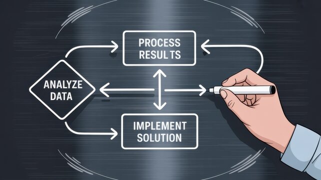 Ai generated image of hand drawing a business process diagram with text on a chalkboard, showing analysis and implementation