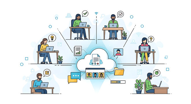 Creative professionals collaborating remotely in a cloud-based virtual workspace - Powered by Adobe