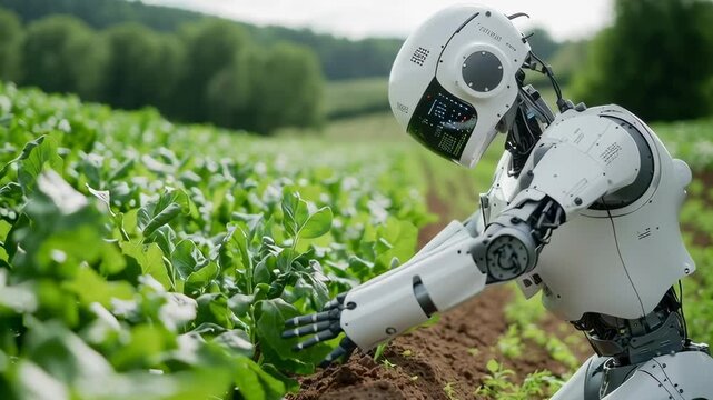 A robot is working in a field of green plants. The robot is white and has a black head