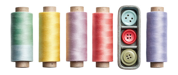 Isolated Spools of Thread with Assorted Buttons on Transparent Background
