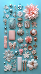 Beautiful Pink and Blue Glittery Ornaments and Snowflakes on a Teal Background,up by Nha Vu
