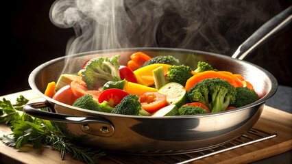 Steaming colorful vegetables under warm kitchen light