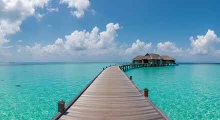 Fototapeta premium Overwater bungalow resort with wooden pier in tropical paradise