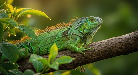 Fototapeta premium Green Iguana perched on branch, vibrant colors