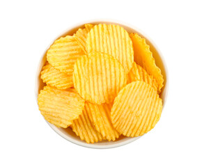 Fluted potato chips in bowl isolated on transparent background