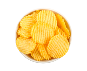 Fluted potato chips in bowl isolated on transparent background