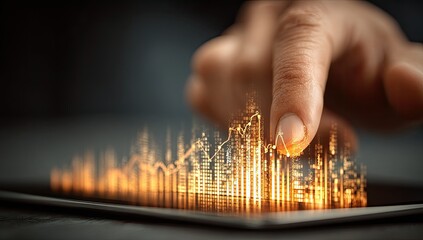 Close-up of a hand touching glowing financial chart on a tablet