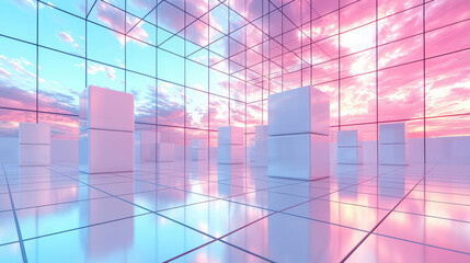 Obraz premium Futuristic Architectural Grid with Floating Cubes at Sunset,up by Nha Vu