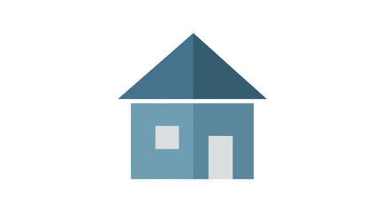 A simple blue house icon representing a home or residential building, featuring a roof, a window, and a door on a white background, perfect for web design and real estate