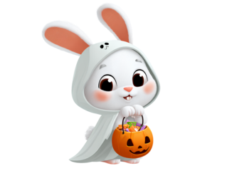 Adorable bunny in a ghost costume with Halloween candy isolated on a transparent background
