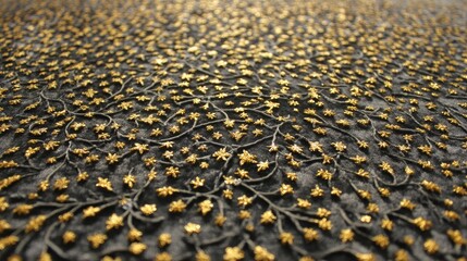 Close-up of intricate, tiny, gold embellishments on dark grey fabric.  Small, star-shaped and leaf-like designs create a dense, patterned surface