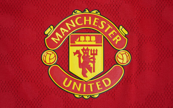 CHIANG MAI ,THAILAND - August 26, 2025 : New home Shirt English football club Manchester United emblem on jersey.
