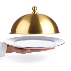 Gold dome cover lifted from white plate