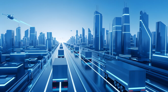 Futuristic Smart City Transportation: Autonomous Trucks on Digital Highway with Drones & Modern Skyscrapers