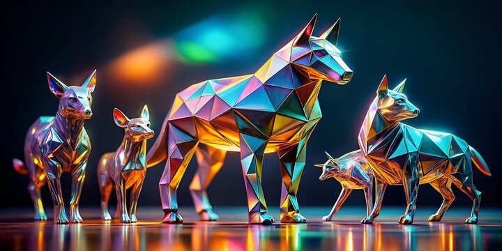 A vibrant group of geometric wolf sculptures in metallic colors, showcasing a modern and abstract design with polygonal shapes and creative digital rendering isolated on white background - Powered by Adobe