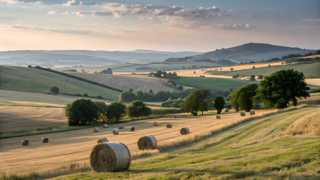 Rolling green hills with scattered round hay bales in a golden wheat field under a cloudy sky full hd 4k stock image download