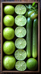 Sliced and Whole Green Fruits and Vegetables in an Organized Wooden Crate,up by Nha Vu