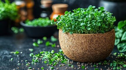 Healthy Microgreens Sprouting in a Rustic Cork Pot on a Dark Surface,up by Nha Vu