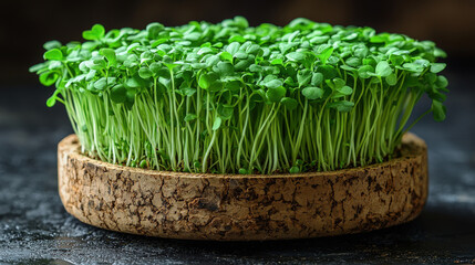 Close-up of a Bountiful Harvest of Green Microgreens in a Round Planter,up by Nha Vu