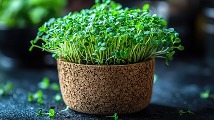Close-up of Vibrant Green Microgreens Growing in a Natural Cork Planter,up by Nha Vu