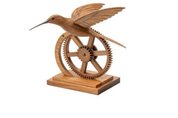 Meticulously crafted wooden hummingbird sculpture, gracefully balanced on intricate gears, reflecting nature's delicate beauty and artisan skill