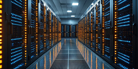 Rows of Servers and Network Racks in a Data Center,up by Nha Vu