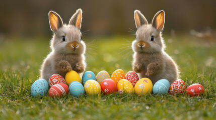 Two Fluffy Bunnies with a Row of Colorful Easter Eggs in a Grassy Field,up by Nha Vu