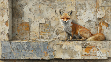 Majestic Fox Rests on a Weathered Stone Ledge,up by Nha Vu