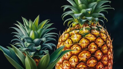 A vibrant, detailed illustration of two ripe pineapples with lush green leaves against a dark background - Powered by Adobe