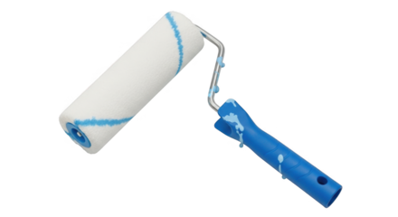 A white paint roller with a blue handle covered in blue paint