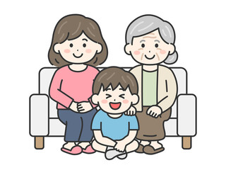 敬老の日に、祖母と母と家族写真を撮る、男の子のイラスト｜敬老の日
