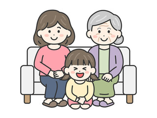 敬老の日に、祖母と母と家族写真を撮る、女の子のイラスト｜敬老の日