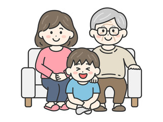 敬老の日に、祖父と母と家族写真を撮る、男の子のイラスト｜敬老の日