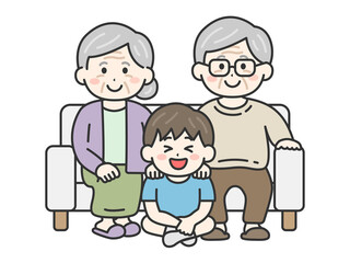 敬老の日に、ソファで祖父母と写真を撮る、男の子のイラスト｜敬老の日