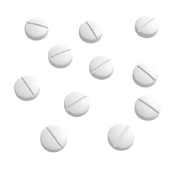 Numerous white round pharmaceutical tablets scattered randomly displaying a central score line isolated on a black background isolated on transparent background