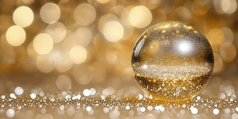 Glass Sphere Filled with Golden Glitter on a Sparkling Background,up by Nha Vu